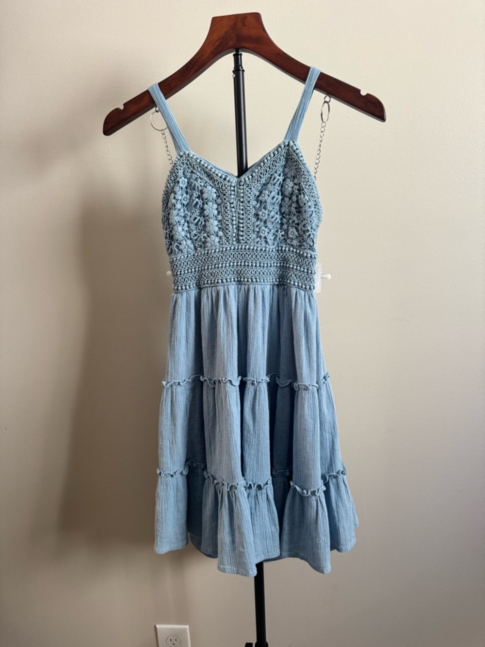 Rare Editions Light Blue Crochet Bodice Tiered Dress